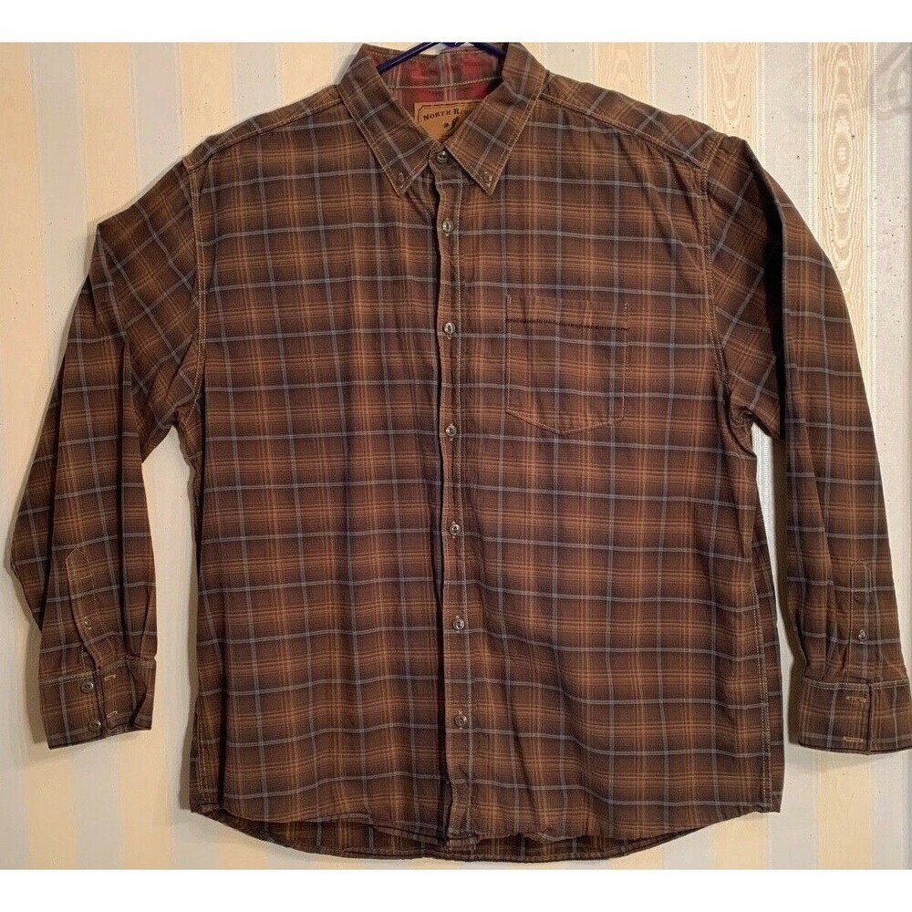 NORTH RIVER OUTFITTERS X- Large BROWN Plaid Contrast Trim  Button Down Shirt EUC
